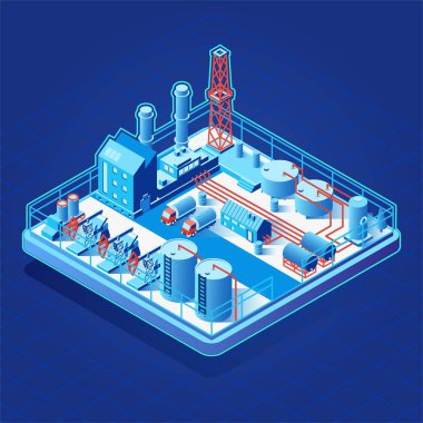 Vector isometric icon or infographic element with oil pumps, related industrial facilities loading semi-trucks tanks clipart
