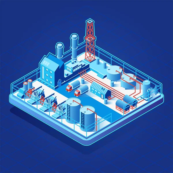 Vektor izometrikus ikonra, vagy infographic elem olaj szivattyú, kapcsolódó ipari létesítmények betöltése félig-teherautók, tartályok — Stock Vector