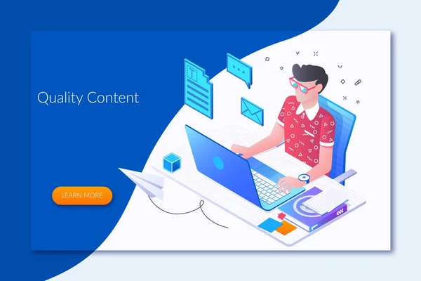 Jornalista online, autor, copywriter concept.landing page template.Flat caráter isométrico, ilustração vetorial —  Vetores de Stock