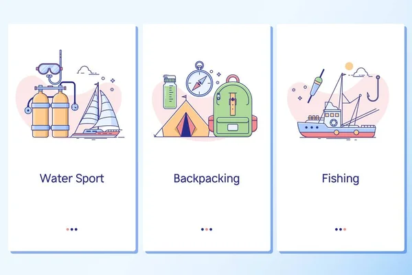 Deportes acuáticos, Mochilero, Pesca, Web site linear art onboarding screens template . — Archivo Imágenes Vectoriales