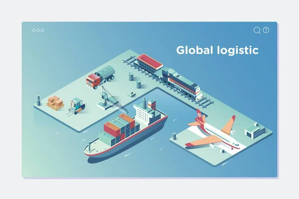 Global Logistic Isomtric Vehicle Infographic.Concepto de transporte de carga aérea transporte ferroviario transporte marítimo Entrega puntual Vehículos diseñados para transportar grandes cantidades — Archivo Imágenes Vectoriales