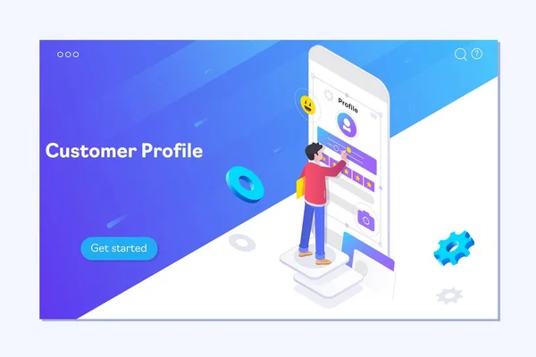 少年は、モバイル アプリケーションで顧客プロファイルを作成します。データの分析やオフィスの状況。等角投影図. — ストックベクタ