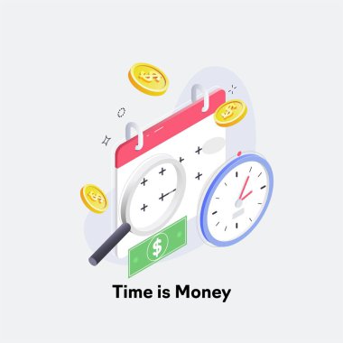 Time is money concept, clock and coin, long term financial investment clipart