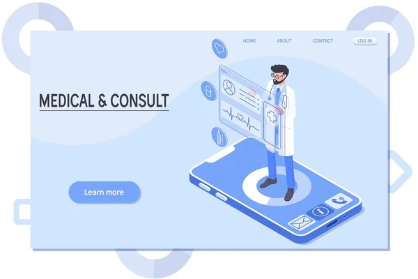 Έξυπνη τεχνολογία στον τομέα της υγείας, ο γιατρός μένει στο τηλέφωνο, online ιατρική διαβούλευση ισομετρική διάνυσμα — Διανυσματικό Αρχείο