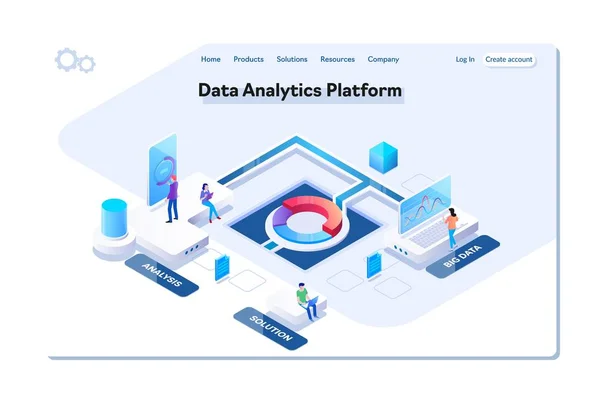 Datenanalyse-Plattform isometrische Vektorabbildung. Menschen, die mit Diagrammen interagieren und Statistiken analysieren. Datenvisualisierungskonzept. — Stockvektor