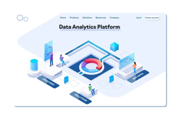 Dane analytics platform izometryczny wektor ilustracja. Ludzie, interakcji z wykresów i analizowania statystyk. Koncepcja wizualizacji danych. — Wektor stockowy