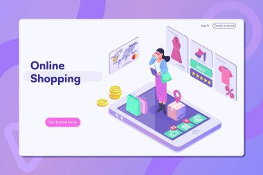 Online alışveriş. Açılış sayfası ile insanlar ya da alıcılar. Web afiş, infographics, kahraman görüntüleri için kullanabilirsiniz.