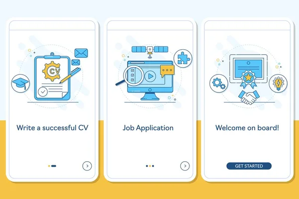 Arama onboarding mobil uygulaması sayfa ekran doğrusal kavramları ile iş, yazmak Cv, iş başvurusu, röportaj, iş adımları grafik talimatları almak. UX, UI, GUI vektör şablon çizgi resimler — Stok Vektör