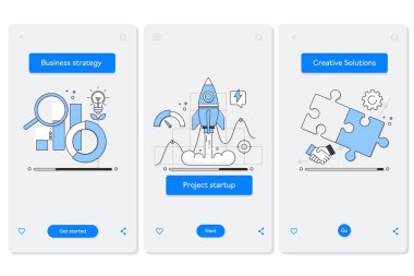 İşbirliği ve etkileşim onboarding mobil uygulaması sayfa ekran doğrusal kavramları ile. Satır sembollerin ve infographics tasarım öğeleri