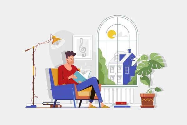 Człowiek z okulary i ubrania do domu czytanie książki i siedzi w fotelu — Wektor stockowy