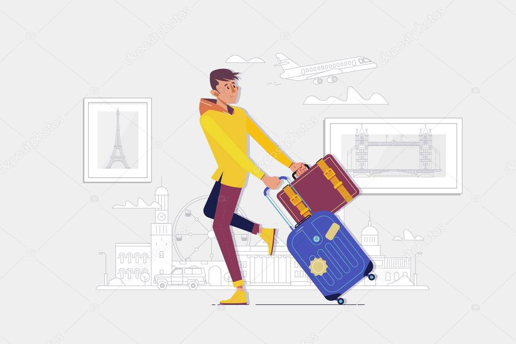 Traveler man walking with suitcase in the street.Vector illustration in cartoon style