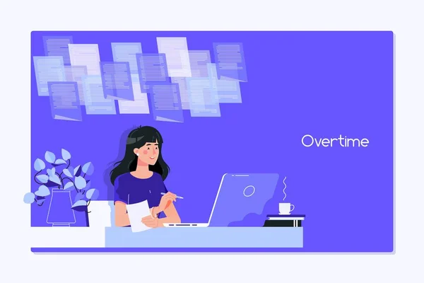 Una mujer joven escribiendo mientras está sentada en su oficina por la noche.Trabajando hasta tarde, horas extras de trabajo de oficina y las noches de trabajadores de la informática.Ilustración vector plano — Vector de stock