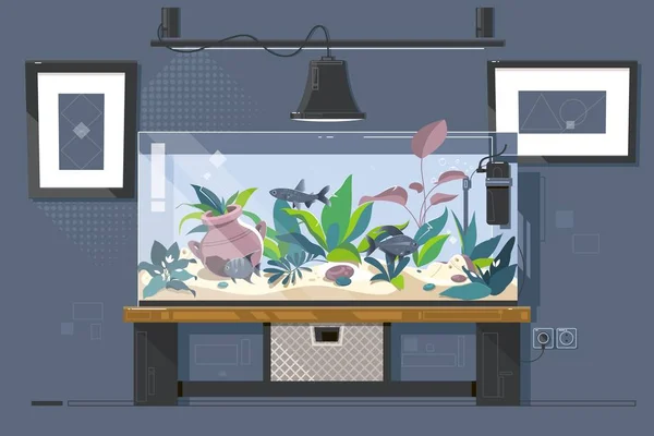 Aquário. Aquário natural com peixes e plantas Aquário em casa —  Vetores de Stock