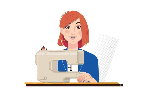 Young beautiful seamstress is working of cloth factory, isolated on white vector illustration — 스톡 벡터