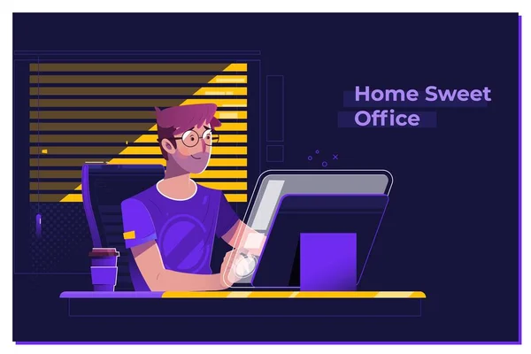 Home Office. Young ember dolgozik a modern Loft iroda éjjel — Stock Vector