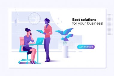 Vektör web sayfası tasarım şablonu - iş çözümleri, danışmanlık, pazarlama, destek kavramı. Ofiste çalışan iki kendinden emin ve başarılı iş arkadaşı