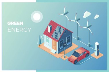 Evde kullanılmak üzere güneş ve rüzgar enerjisi iletimi. Güneş panelleri ve rüzgar türbinleri akıllı ev ve elektrikli araba beslemek.