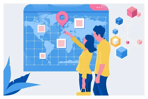 世界地図の助けを借りて休暇を計画する観光客 — ストックベクタ