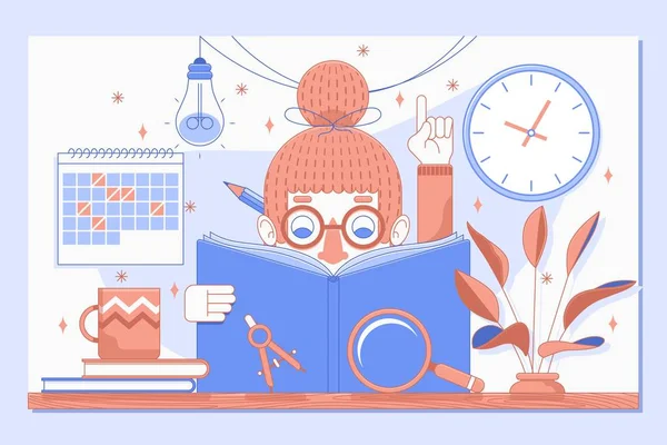 Escola menina leitura livro.Voltar ao conceito de escola. Ilustração vetorial — Vetor de Stock