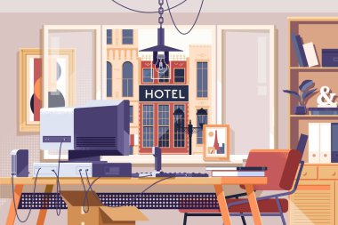 Home Office Tasarım Çalışma Alanı Oda Konsepti.Flat vektör illüstrasyon
