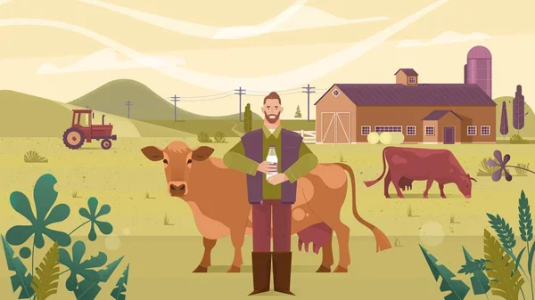 Industria agrícola, agricultura, gente y concepto de cría de animales - feliz joven sonriente o granjero con leche de vaca en botella en el establo en la granja lechera — Vector de stock