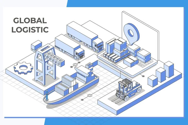 Globální logistické služby moderní izometrická linie ilustrace. XPort, import, obchod se sklady, schéma kreslené ikony. — Stockový vektor