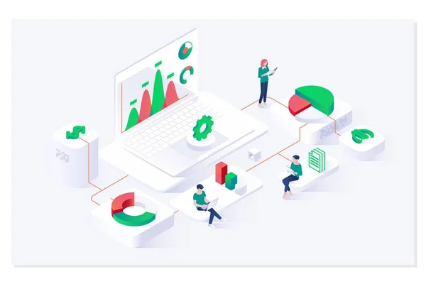 Concept d'analyse des données et de statistiques Bannière web isométrique — Image vectorielle