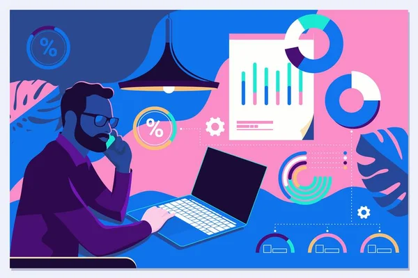 Geschäftsmann interagiert mit Diagrammen und analysiert Statistiken und Daten. Landing Page Template. — Stockvektor