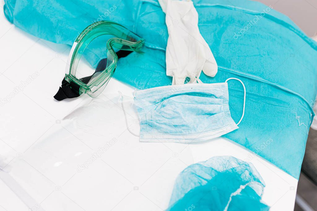 doctors protective uniform for epidemics, face shield glasses, gloves, mask