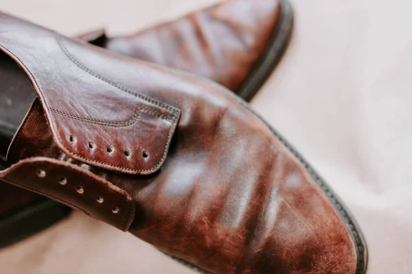 Paar Stijlvolle Lederen Bruine Mannelijke Schoenen Close View — Stockfoto