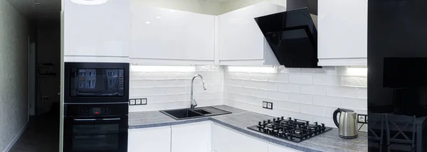 Interior View Stylish Black White Kitchen — Stock Photo, Image