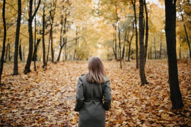 Gri montlu genç bir kadın sonbahar ormanında yürüyor. 