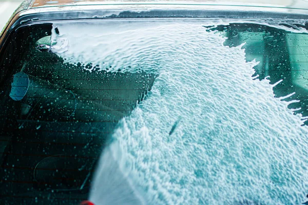 Closeup Blue Car Manual Car Wash — Stock Photo, Image