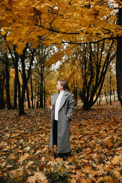 Giovane Donna Cappotto Grigio Piedi Nella Foresta Autunnale — Foto Stock