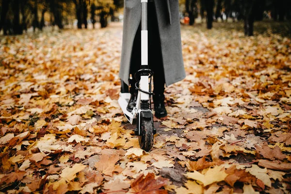 Mujer Con Abrigo Otoño Scooter Eléctrico Parque Otoño Montar Vehículo — Foto de Stock