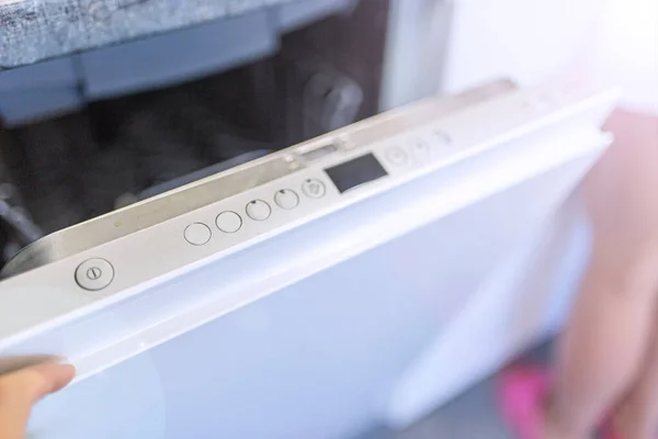 Closeup Male Hand Using Modern Dishwasher Fitted Furniture Kitchen Household — Stock Photo, Image