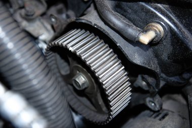 kam mili makara V şekilli araba motoru, zamanlama kayışını değiştirme hazırlığı.