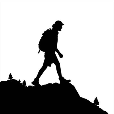 Sırt çantalı bir yürüyüşçü silueti bir dağda yürüyor. Arka plan beyaz. Görüntü macera, özgürlük ve doğayla bağlantı hissi uyandırıyor..