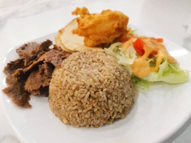 Çekici bir Orta Doğu tabağı lezzetli donör eti, bir tepsi kabarık pirinç, kızarmış tavuk, taze salata ve sos beyaz tabakta lezzetli bir aşçılık deneyimi vaat ediyor..