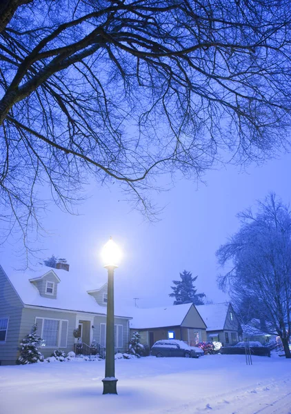 Calle Residencial Con Casas Coches Cubiertos Nieve Blanca Invierno Portland — Foto de Stock