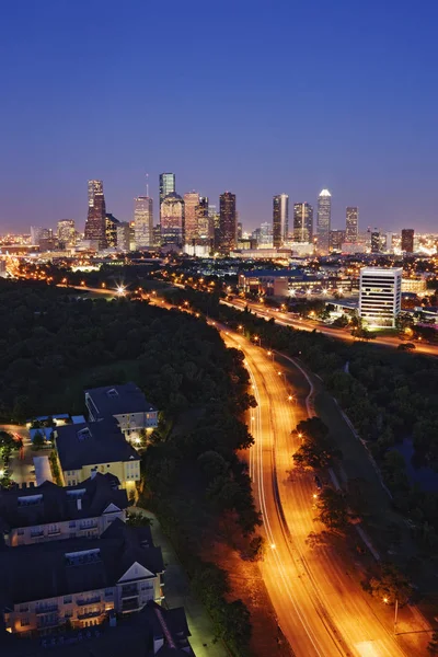 Lichter Der Innenstadt Houston Der Abenddämmerung Usa — Stockfoto