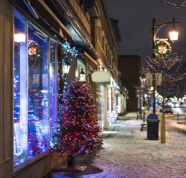 Snow Christmas Tree City Sidewalk Night Montreal Canada — Stock Photo, Image