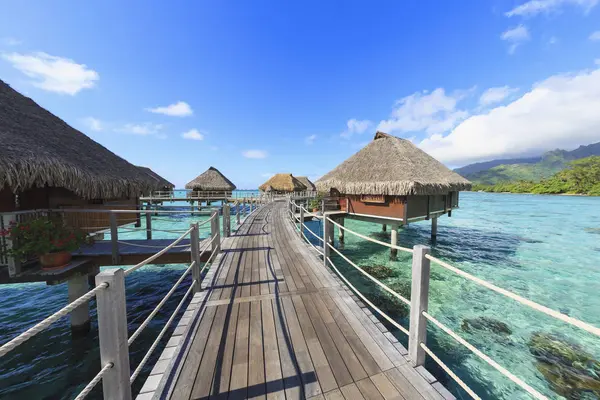 Cubierta Que Conecta Bungalows Sobre Océano Tropical Bora Bora Polinesia —  Fotos de Stock