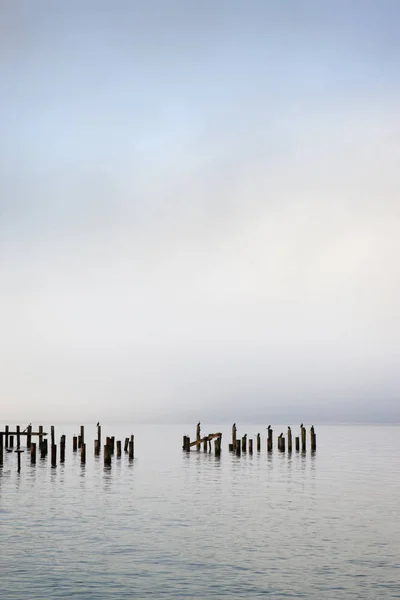 Wooden Poles Ocean Cloudy Sky — 스톡 사진