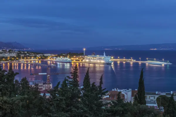 Aerial View Illuminated Dock Cityscape Coastal Town Split Croatia — Stock Photo, Image