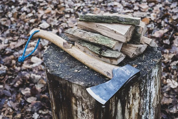 Hög Vinkel Bild Yxa Och Trä Stockar Hack Block — Stockfoto