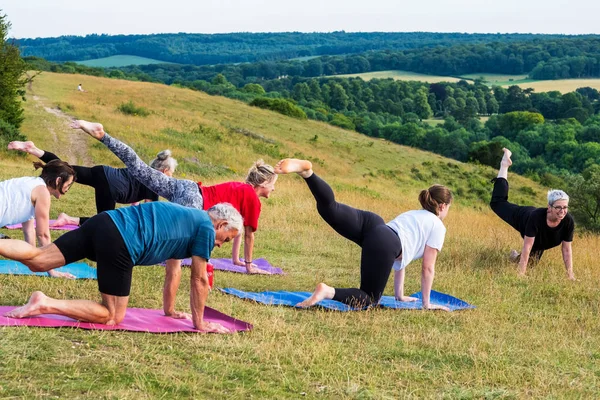 Group Women Man Taking Part Outdoor Yoga Class Hillside — Stock Photo, Image