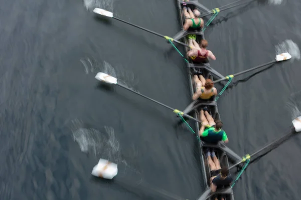 Overhead View Crew Rowing Four Surface Lake — Stock Photo, Image