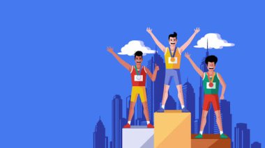 Athletic champions podium celebration motion graphic animation. Runners with medals, urban city background, victory scene. Perfect for sports, success, and achievement themes.it cartoon flat animation