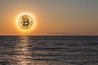 Bitcoin simgesi olan gün batımı. Düşen cryptocurrency kavramı